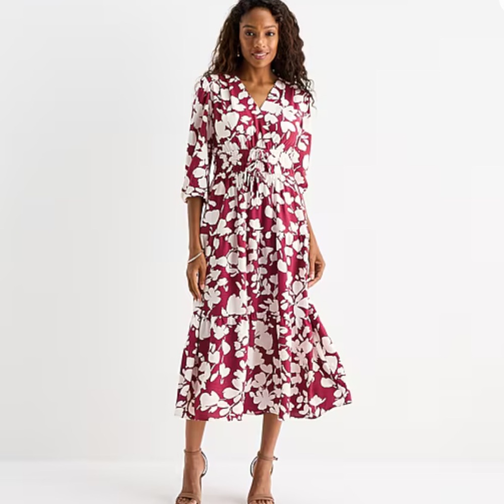 Be By Chetta B Floral V-Neck Tiered Midi Dress in Burgundy and White Sz MP